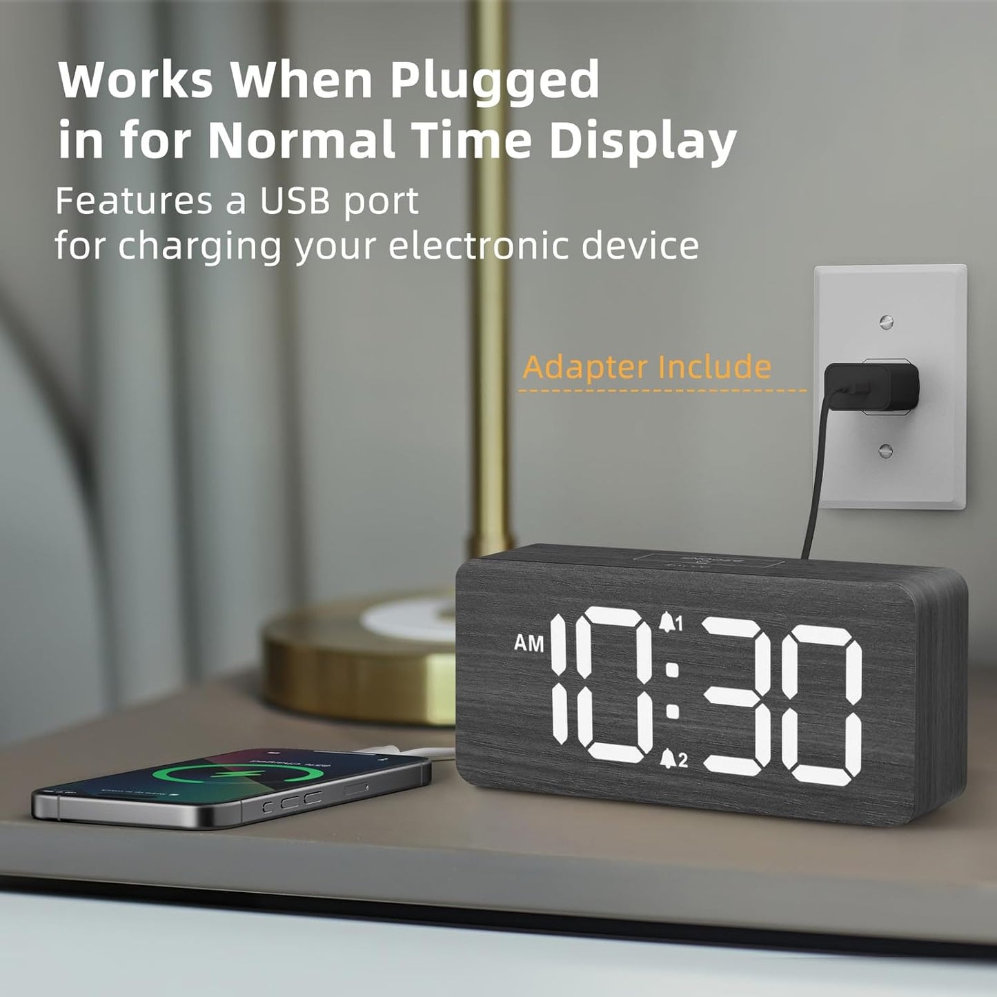 uscce Wooden Digital Alarm Clocks for Bedrooms: Dimmable Dual Alarm Clock with Large Numbers for Bedside Desk - Loud Alarm for Heavy Sleepers with Volume Control - Wood Decor & Gifts