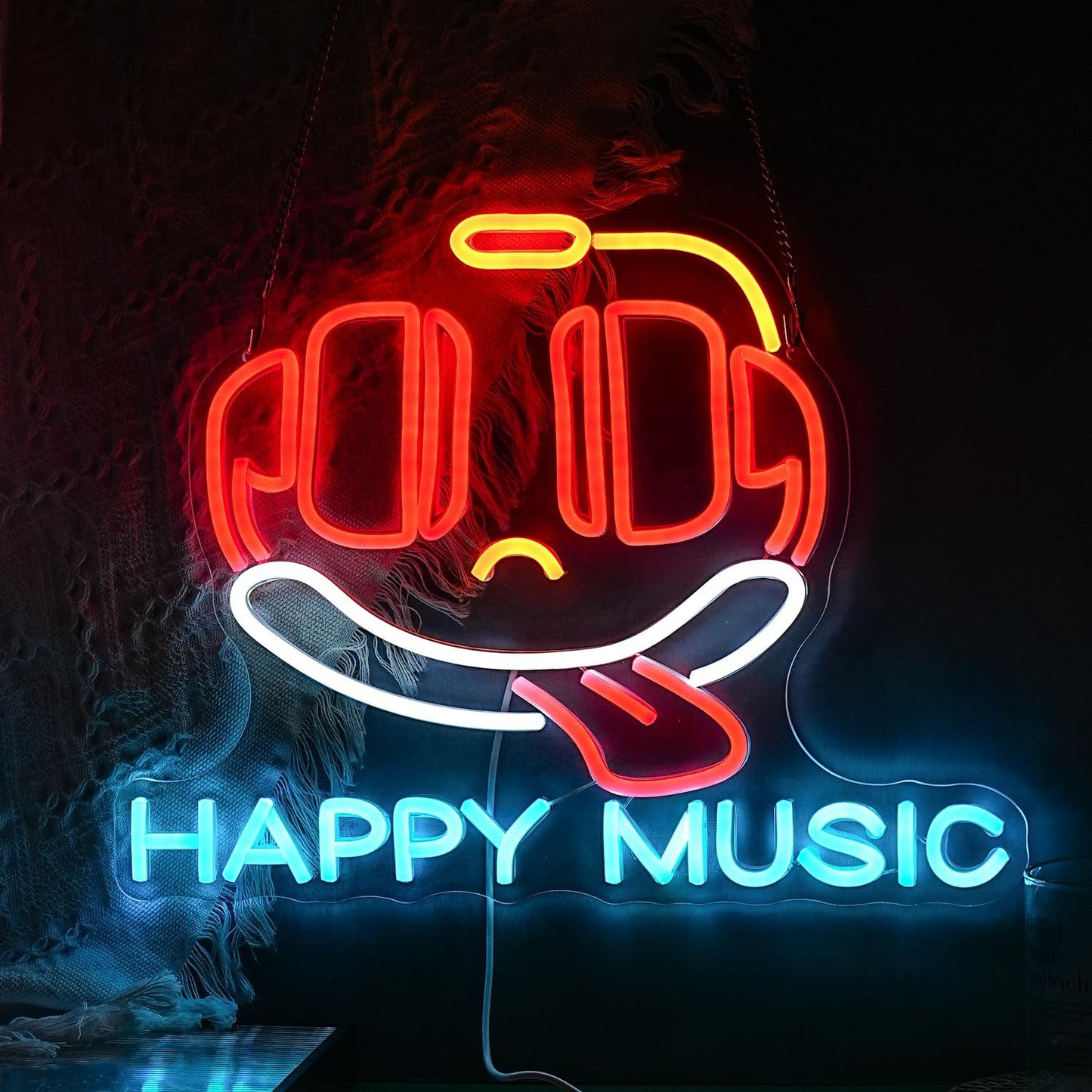 Headphone Neon Sign Dimmable Led Happy Music Neon Light for Wall Decor USB Cute Headset Figure Neon Light Sign for Music Studio Bar Live Music Party Bedroom