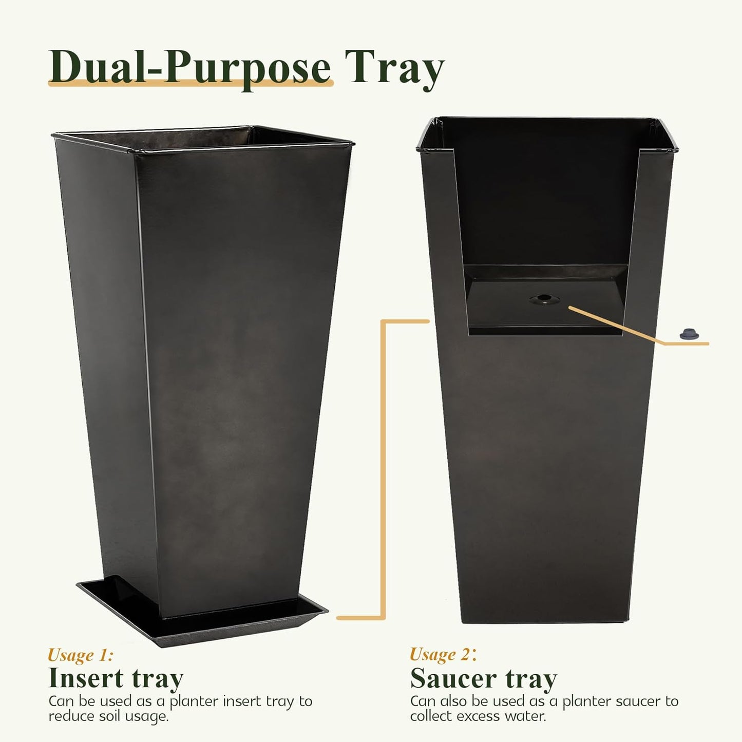 WORTH Garden 25" Large Metal Glazed Planter Set of 2, Luxurious Glossy Finish Black Tall Square Tapered Steel Plant Pots, Decor Flower Pot Indoor & Outdoor, Drainage Hole & Dual-Purpose Plant Saucer