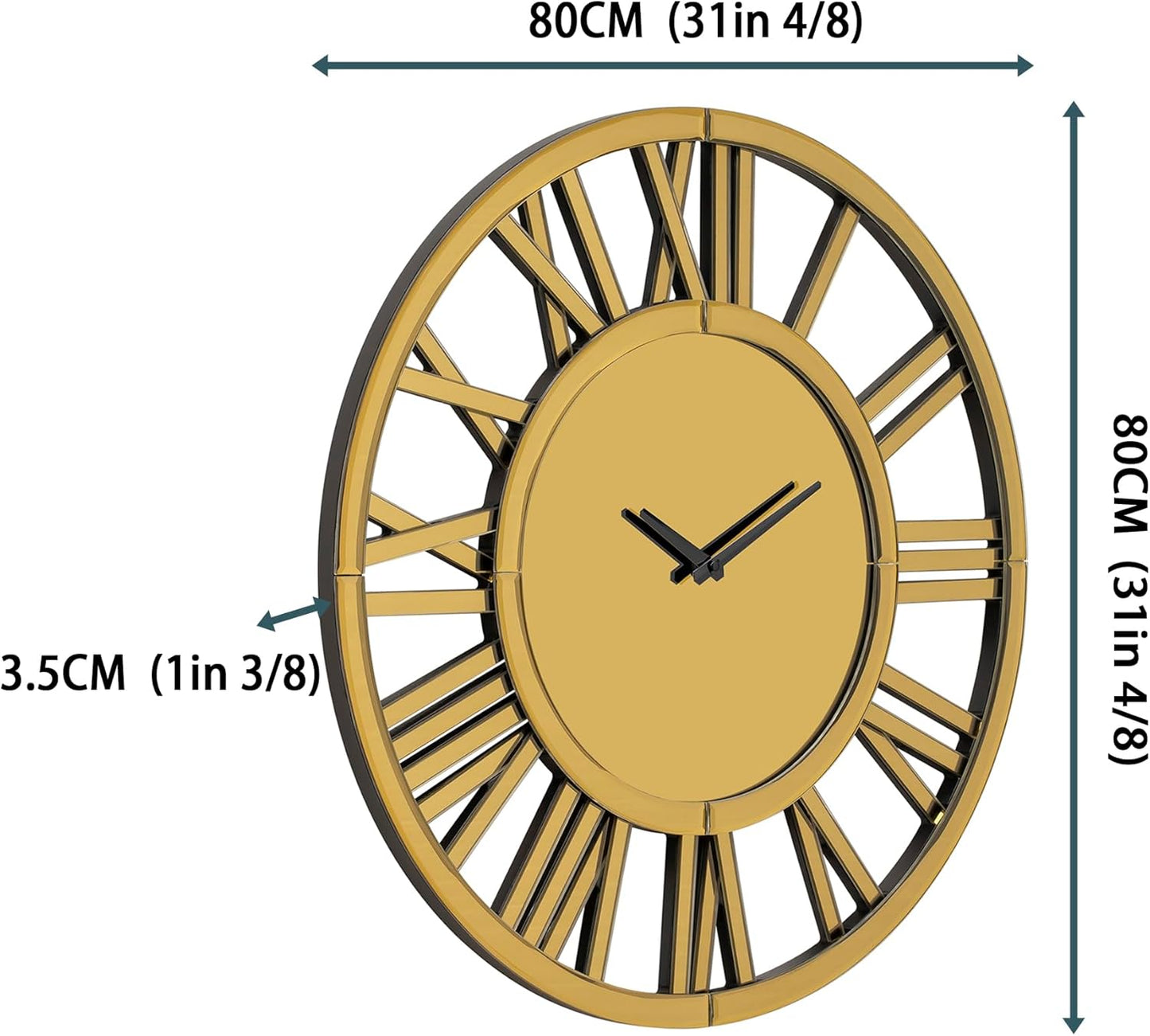 SHYFOY Mirrored Wall Clock, 32" Decorative Roman Numeral Clock, Large Silver Wall Clock for Living Room, Battery Powered, Simple Installation