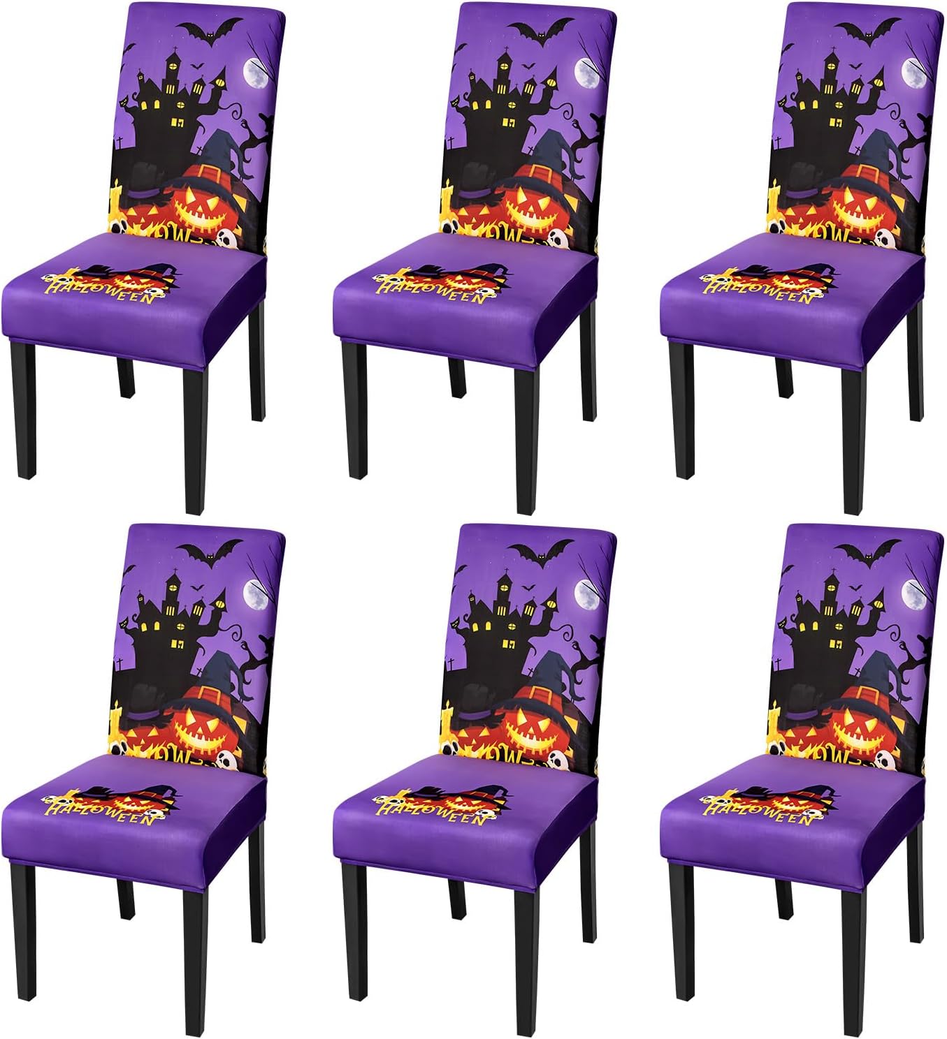 JQinHome Purple Halloween Chair Slipcover, Castle Chair Covers Set of 6, High Stretch Washable Chair Protector Cover for Dining Room, Kitchen,Home Party,Wedding Ceremony(Purple,6PC)