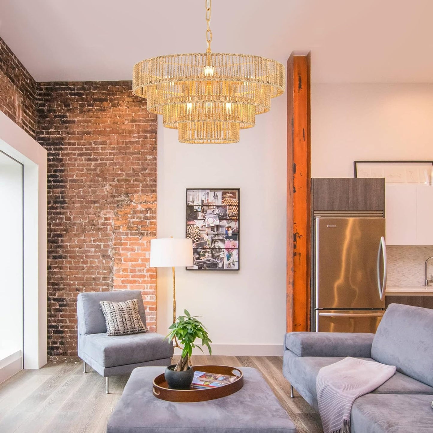 6-Lights Hand-Woven Rattan Pendant Light 4 Round Transitional Minimalist Boho Large Pendant Light for Kitchen Island Dining Room Living Room Hallway, Dia 20 Inch, UL Listed