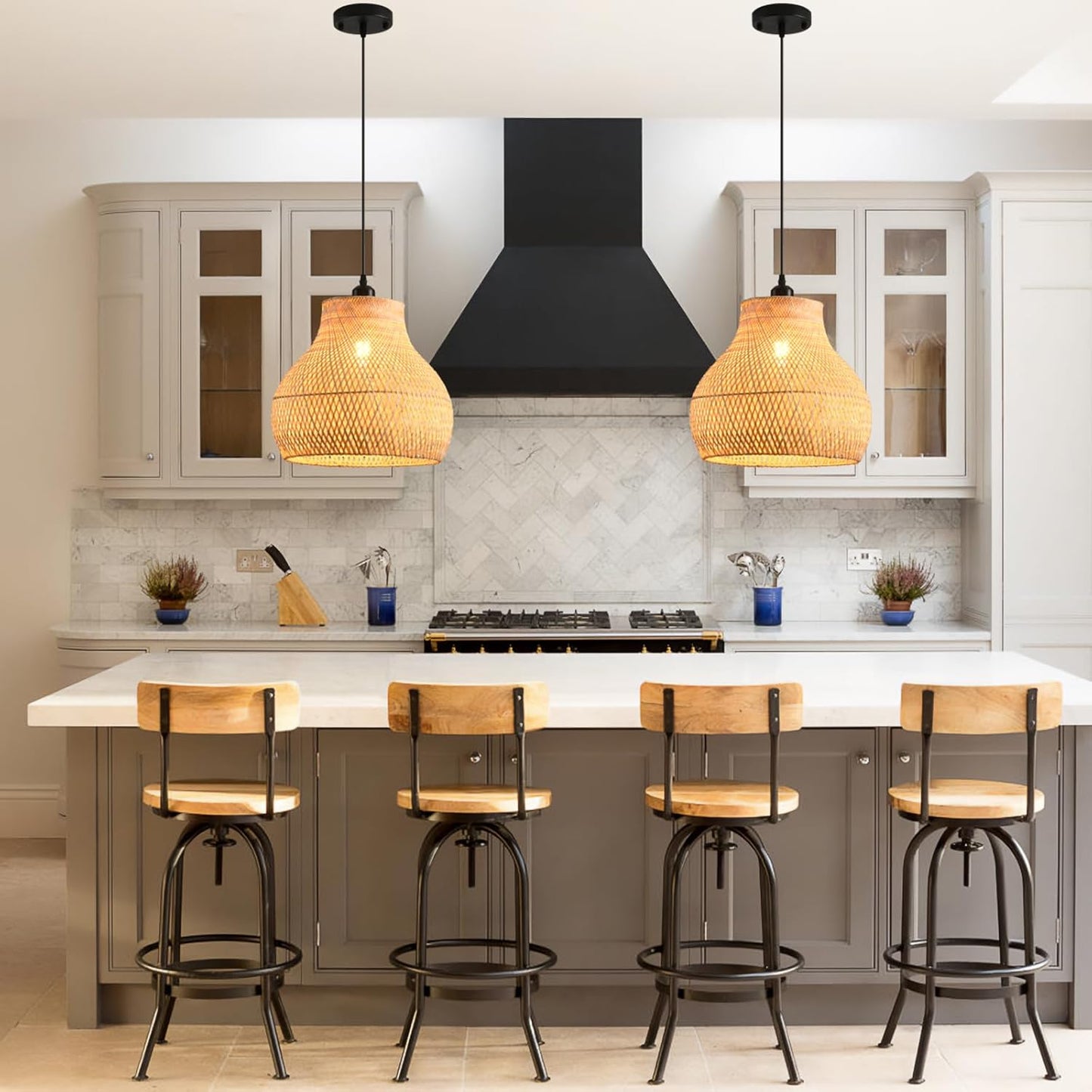 Bamboo Pendant Light 13.39" Hand Woven Rattan Pendant Light,1-Light Bamboo Rattan Ceiling Hanging Light,for Living Room Kitchen Dining Room Farmhouse