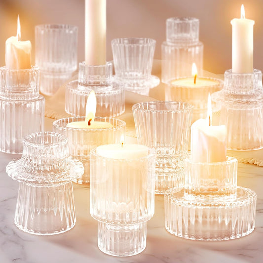 12 Pcs Glass Candlestick Holders Taper Candle Holders for Table Centerpieces, Wedding Decor and Dinner Party, Clear