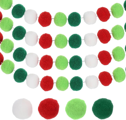 PATIKIL 26Ft Pom Pom Garland Decorations, 4Pcs Colorful Felt Ball Garland Banner Cute Rainbow Pompom Hanging Decorations for Tree Ornaments Homes Decor, Red/Green/White/Gray Green