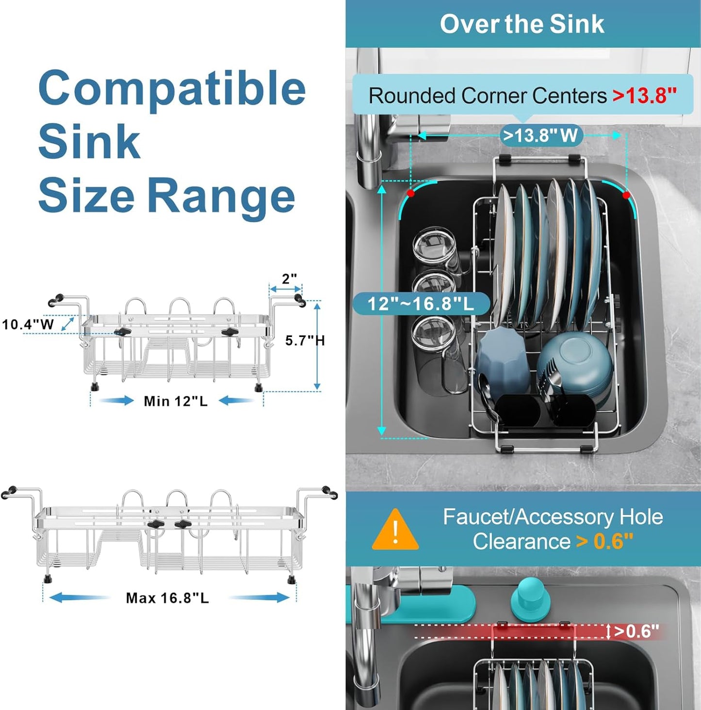 GSlife Expandable in Sink Small Dish Drying Rack - Stainless Steel Capacity Adjustable Over The Sink Dish Rack with Cup Holder (12" -16.8"), Dish Drainer for Kitchen Sink with Utensil Holder, Silver