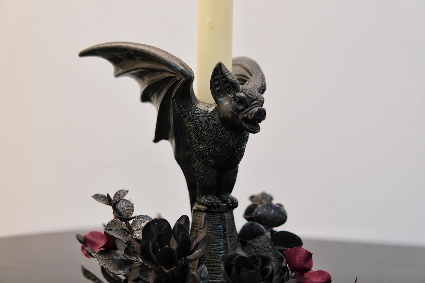 Bat Shaped Halloween Candle Holder, Black Resin Candlestick Holder with Black&Burgundy Artificial Flower, Gothic Halloween Decor for Coffee Table/Dining Table Centerpiece, 6" Height