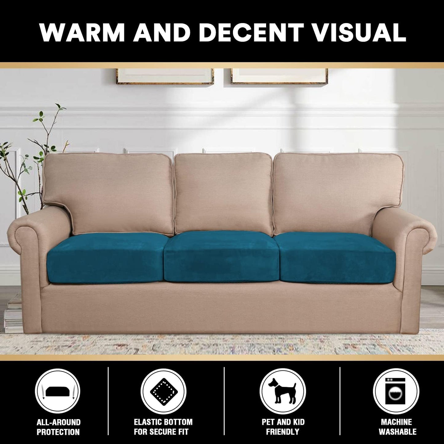 PrinceDeco Stretch Sofa Cushion Covers for Couches and Sofas,Soft Velvet Couch Seat Covers, Sofa Covers Washable, Seat Cushion Cover for 3 Couch Sofa Pet Friendly - Deep Teal, Each Width Up to 29.5"