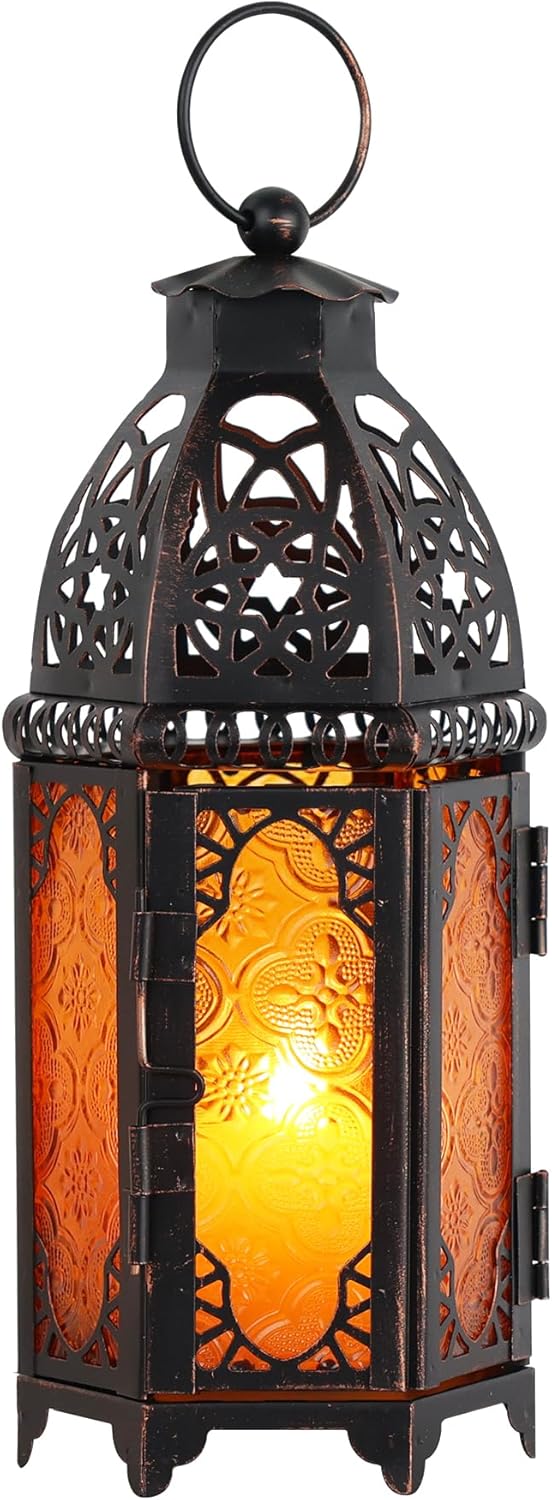 NEEDOMO 11'' Moroccan Lanterns Decorative Indoor & Outdoor, Vintage Christmas Candle Holder, Metal Lanterns Decorative, Table, Patio, Porch, Shelf, Christmas Spring Halloween Home Decor (Amber)