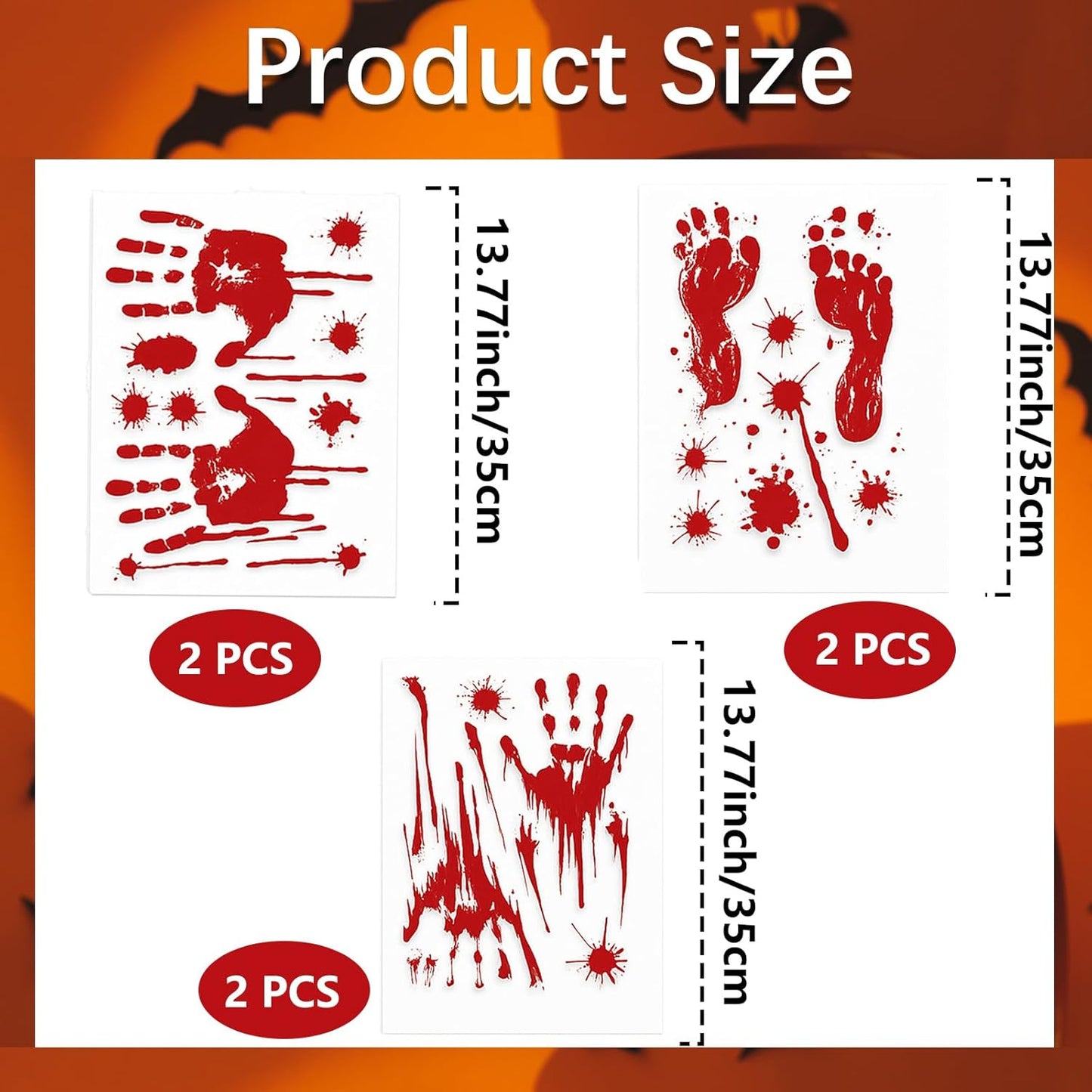 6 Pieces Bloody Handprint Window Clings – Horror PVC Stickers with Blood Splatter, Handprints, and Footprints for Scary Halloween Party Decorations, Haunted House, and Spooky Indoor Outdoor Décor