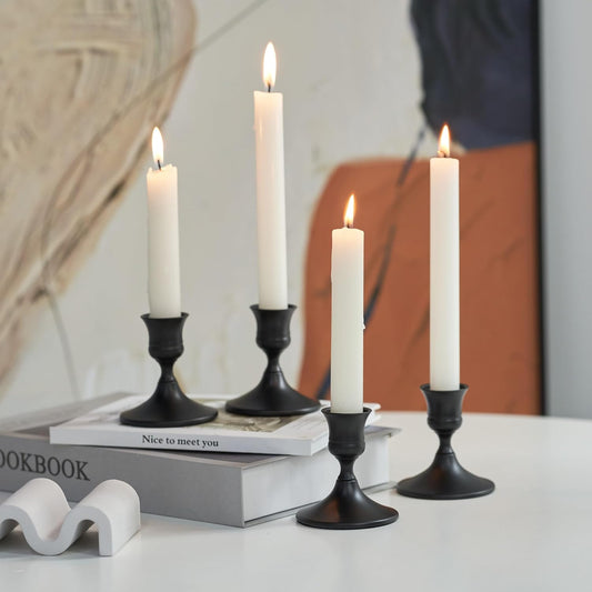 Black Taper Candle Holder, Candlestick Holders, Vintage Metal for Table Centerpieces Wedding Decor (Matte Black, 4 Pcs)