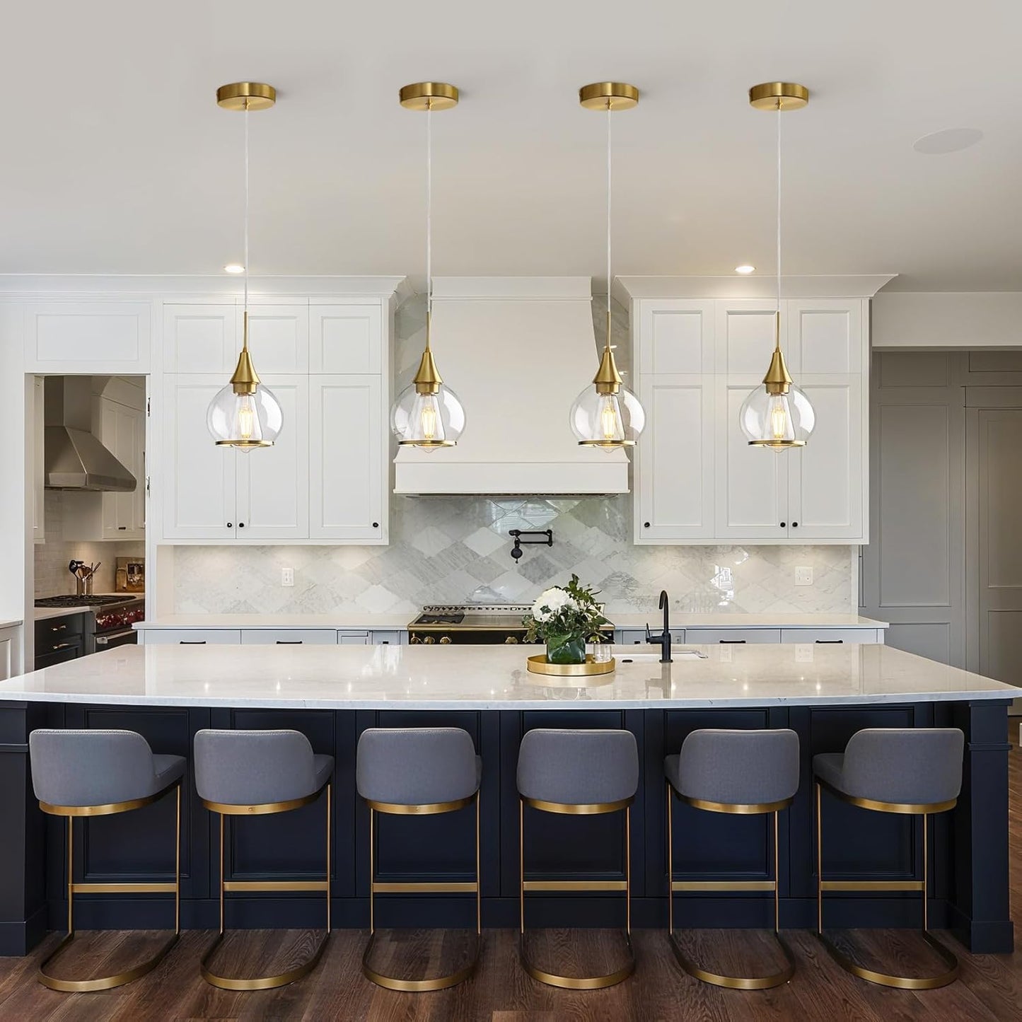 Pendant Light Fixtures Kitchen: 2 Pack Modern Gold Island Light with Clear Glass - 6 Inch Mid Century Globe Kitchen Lighting Chandeliers Ceiling for Foyer Bedroom