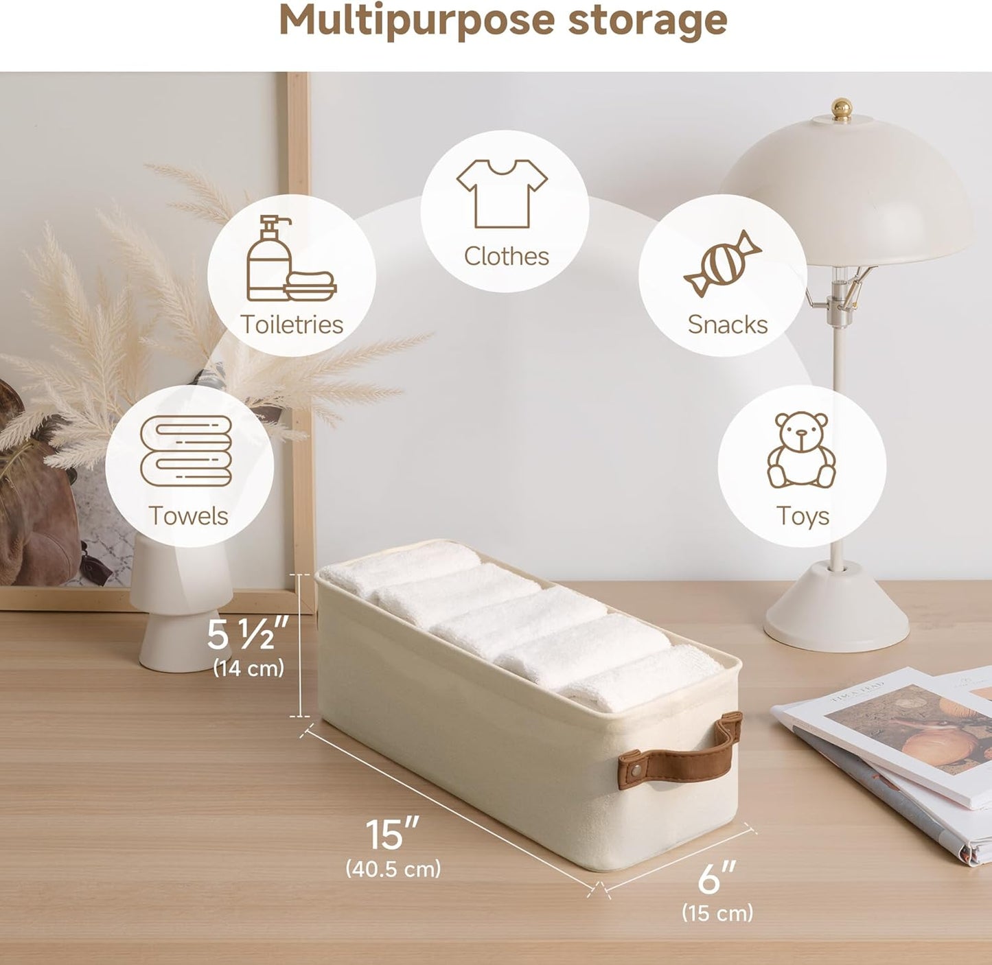 StorageWorks Narrow Storage Bins, Small Basket for Closet and Shelves, Fabric Organizer with Handles, Toilet Paper Storage, Natural Color, 2-Pack