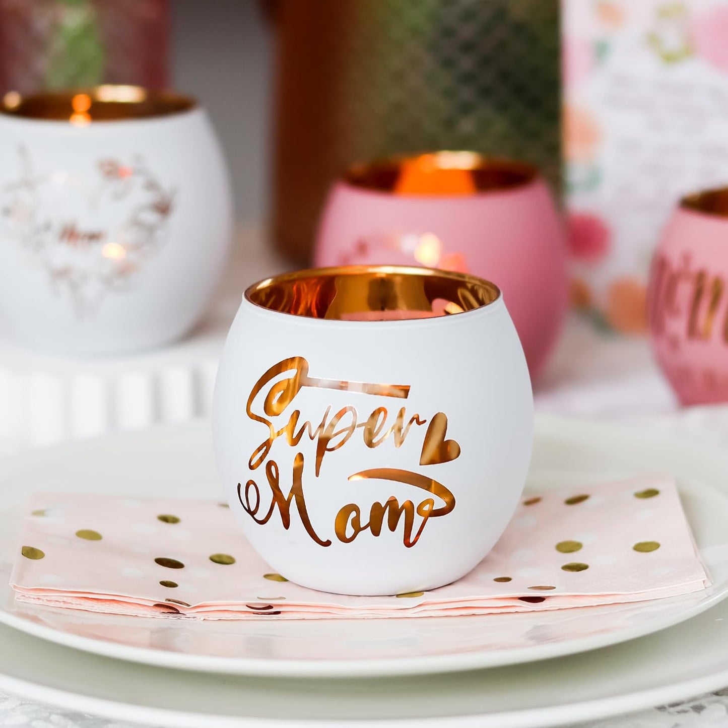 Birthday Gifts for Mom, Delicate Mother Gifts from Daughter Son, Engraved Glass ealight Votive Candle Holder Pink, Mothers Day Christmas Birthday Gifts for Mom, Ideas 6PCS