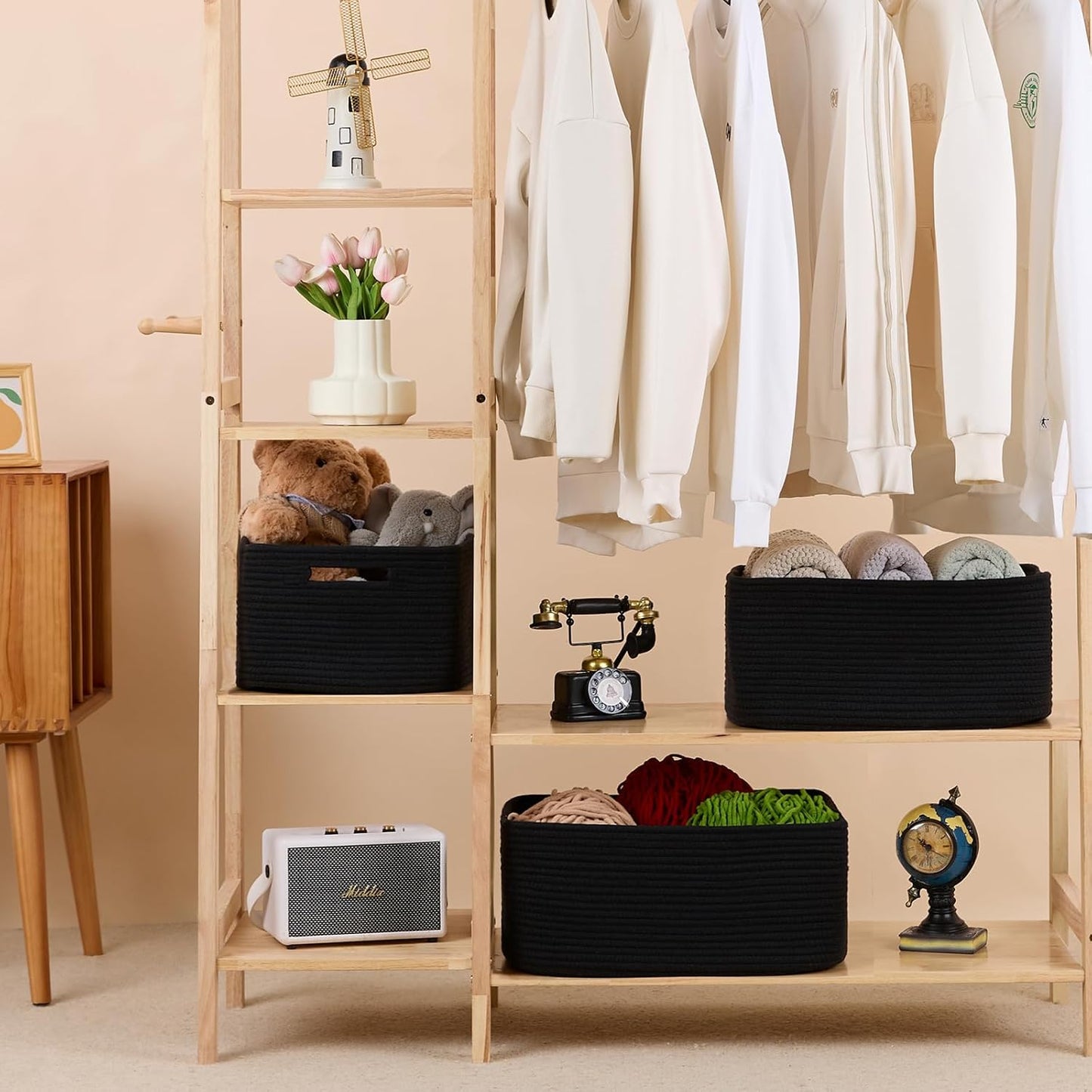 Large Storage Baskets for Shelves, Closet Organizers Bins for Clothes Blanket Towels, Baby Nursery, Toy Baskets Box, Woven Rope Baskets, 17 x 13 x 7.5”, 2 Packs Black