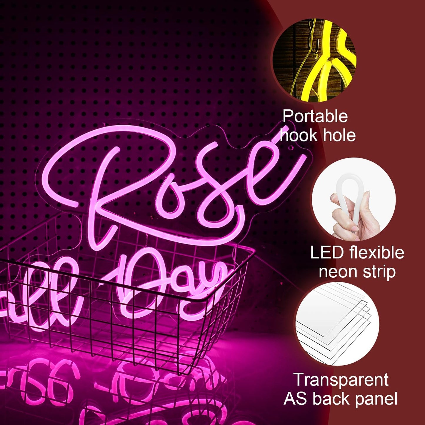 Rose All Day Neon Sign LED Pink Rose Neon Light For Wall Decor Dimmable USB Words Light Up Sign for Bedroom Wedding Party Atmosphere Decor Lovers Gift(12.2 * 16.1 In)