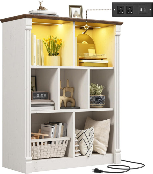 EnHomee 7 Cube Storage Organizer with LED Light and Charging Station Wood Cube Shelf White Bookshelf for Bedroom Living Room,Office,White