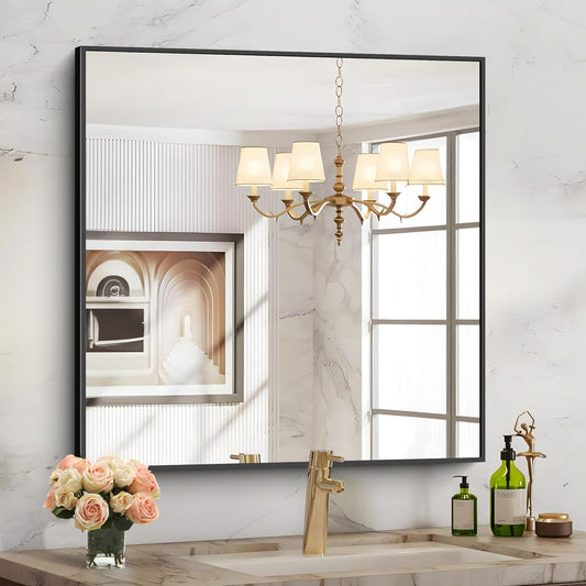 Black Bathroom Mirror for Wall, 30x30 Inch Rectangle Mirrors with Metal Frame, Modern Vanity Wall Square Mirror for Bathroom Living Room, Entryway Hangs Horizontal or Vertical