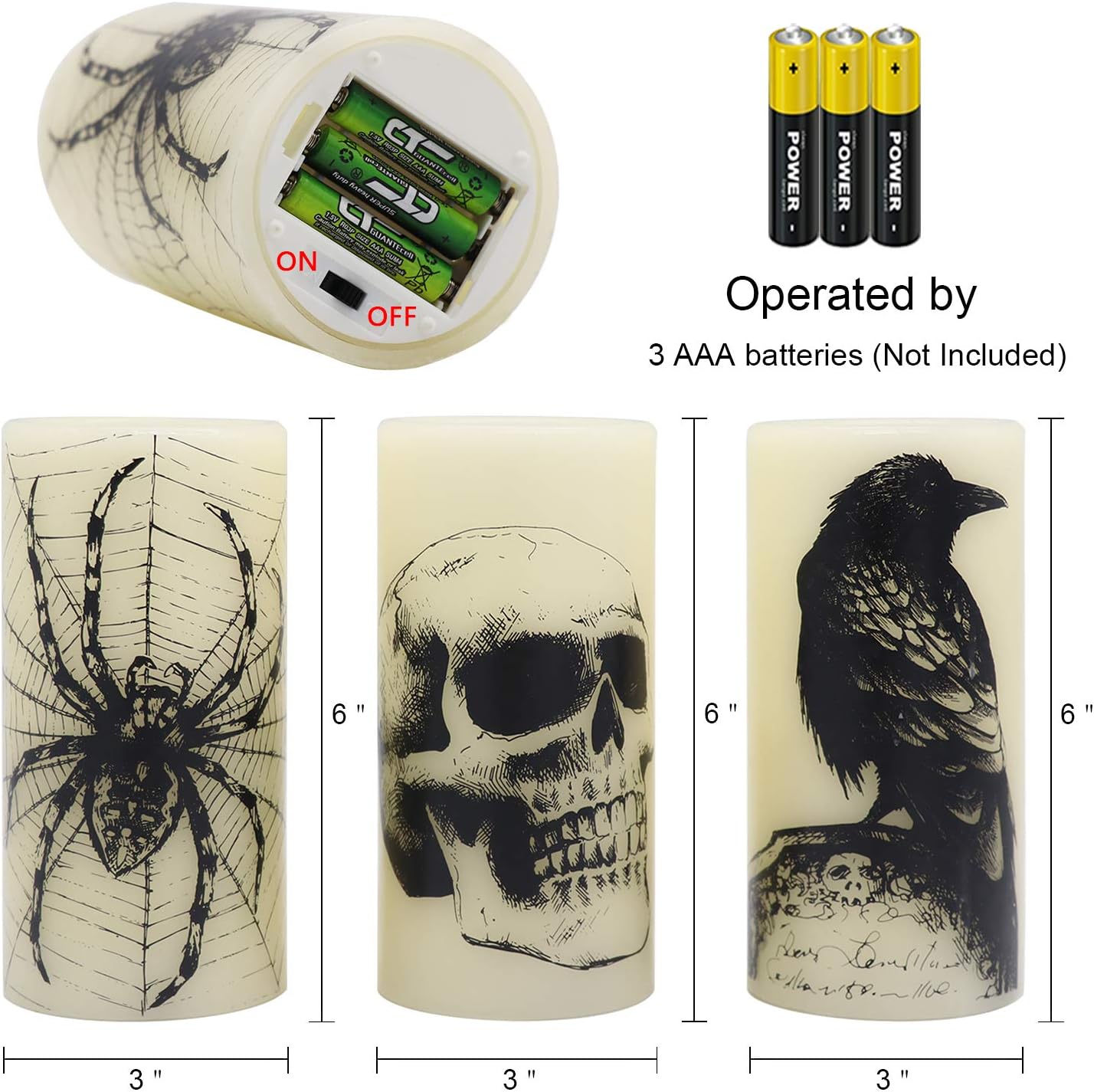 Halloween Flameless Candles with 6H Timer, LED Pillar Candles mit Skull, Spider Web, Crow Raven Decals Set of 3, Battery Operated Real Wax Candles, Halloween Decor Horror Gothic Punk