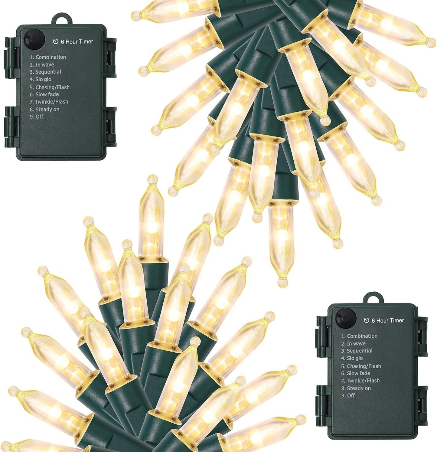 WATERGLIDE 2 Pack 50 LED Outdoor Christmas Lights, 16FT Battery Operated Mini String Lights with 8 Modes & Timer, Xmas Tree Lights Waterproof for Patio Garden Party Wedding Holiday Decor, Warm White