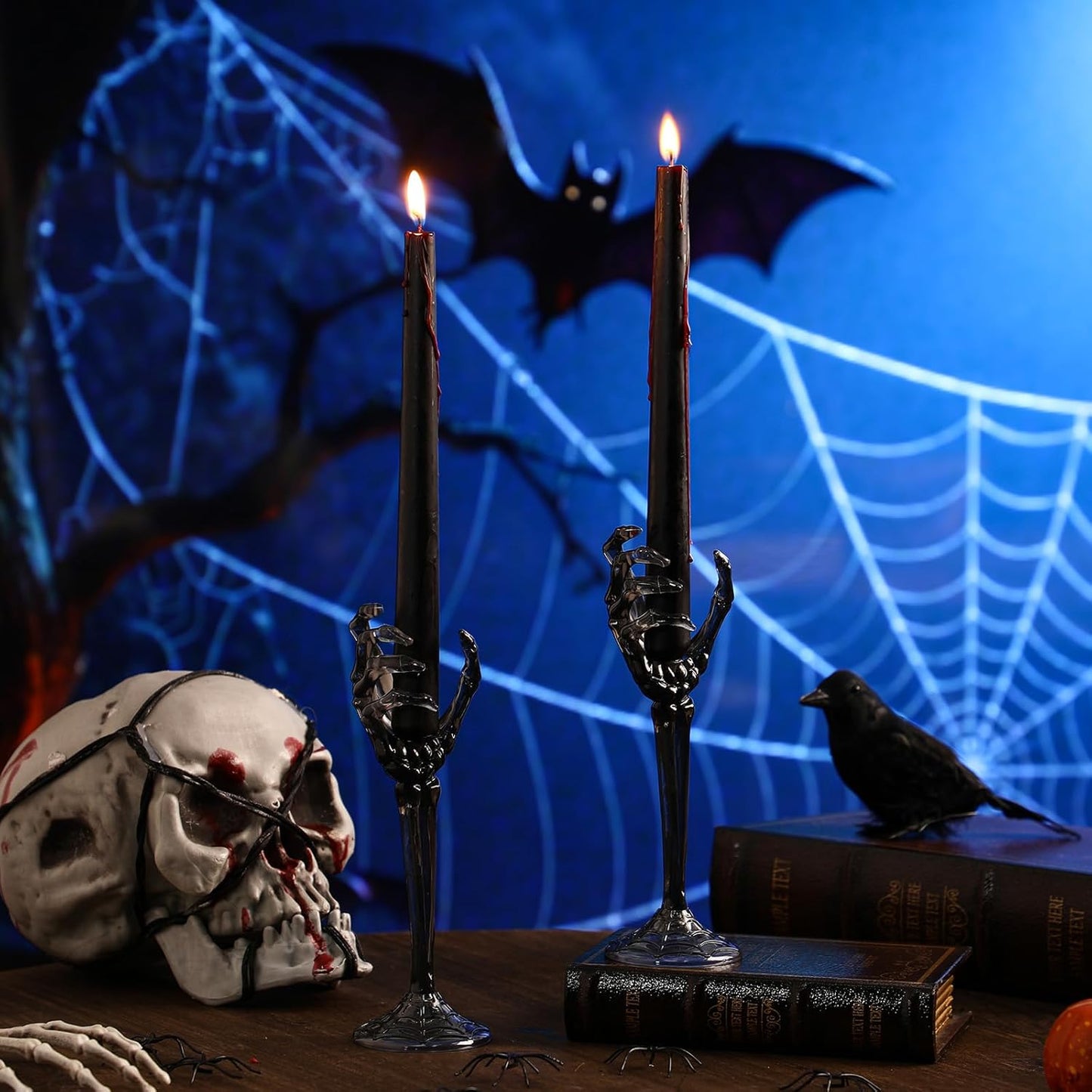 LemonRoad 2 Pcs Halloween Skull Candle Holders Halloween Table Centerpieces Fireplace Decorations Skeleton Gothic Decor Horror Skeleton Skull Candlestick Holders for Home Office Bar Party Supplies