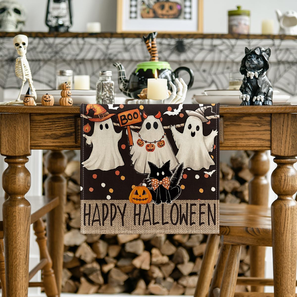 Artoid Mode Ghost Jack-O'-Lantern Black Cat Halloween Table Runner,Holiday Kitchen Dining Table Decoration for Home Party Decor 13 x 120 Inch