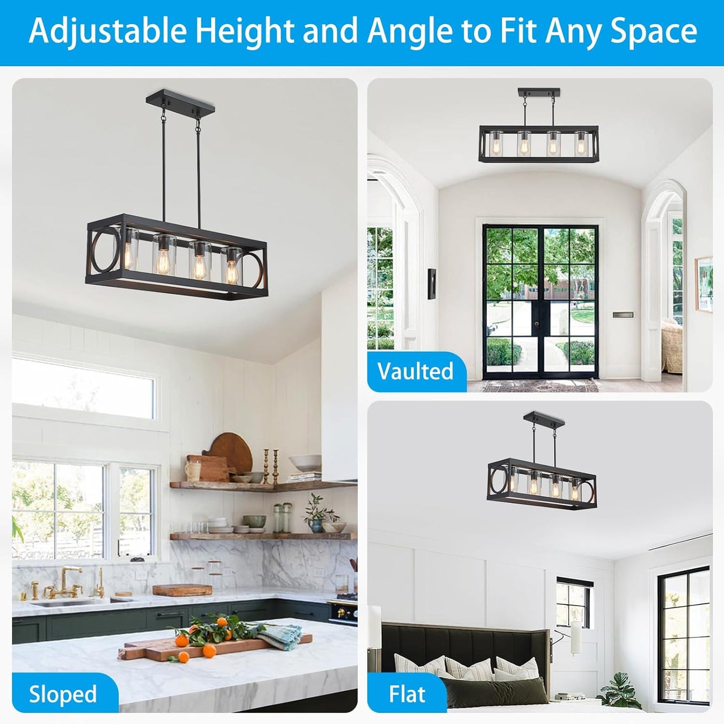 XINGQI Black Kitchen Island Light Fixtures Over Table, 31.5" Rectangular Linear Chandeliers Farmhouse Dining Room Pendant Ceiling 4-Light with Glass Lampshade for Living Room Bar Office
