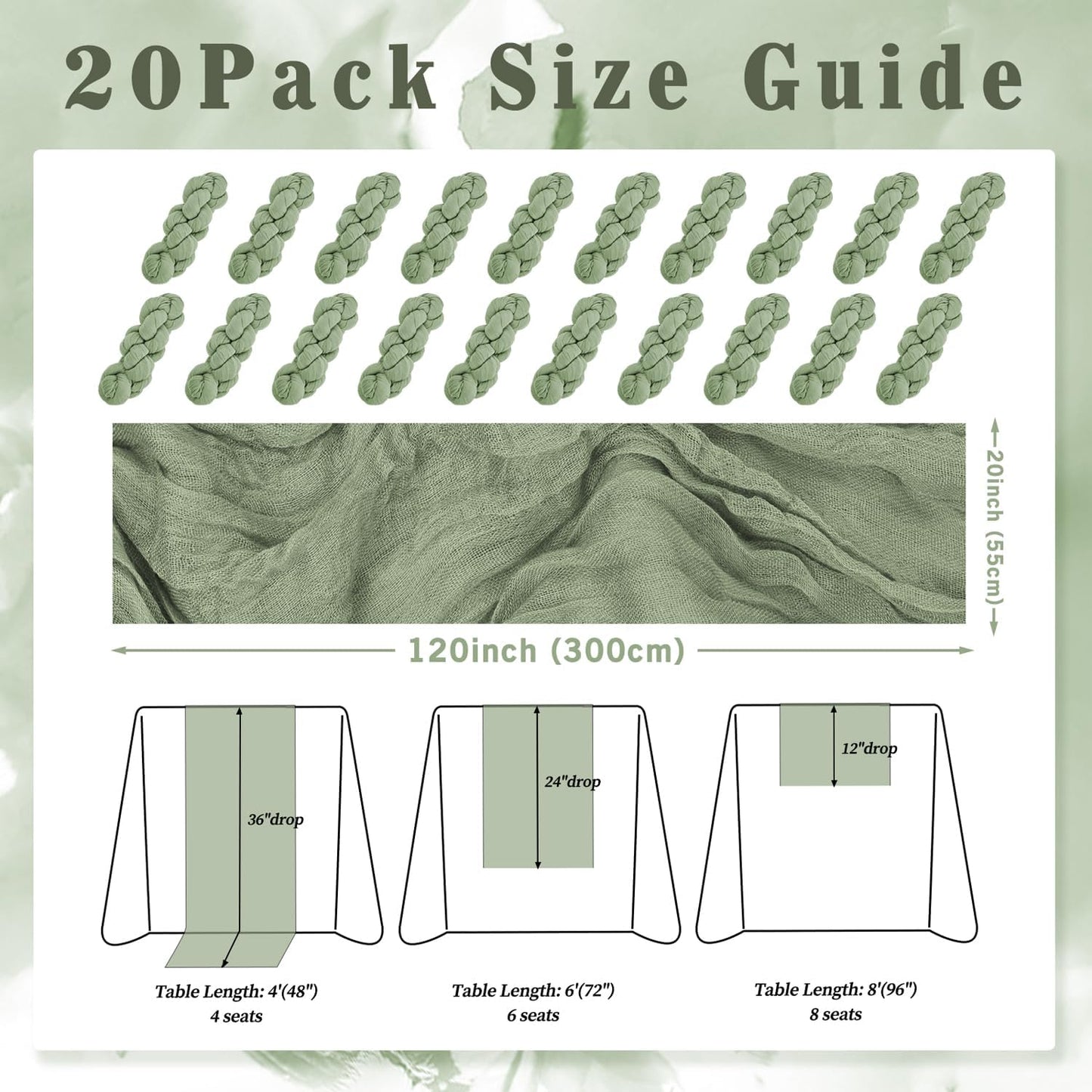 20 Pack Sage Green Cheesecloth Table Runner 10FT Rustic Gauze Fabric Cheese Cloth Table Runner for Wedding Bridal Baby Shower Table Decor 20 x 120 Inch Long Boho Sheer Birthday Party Table Decorations