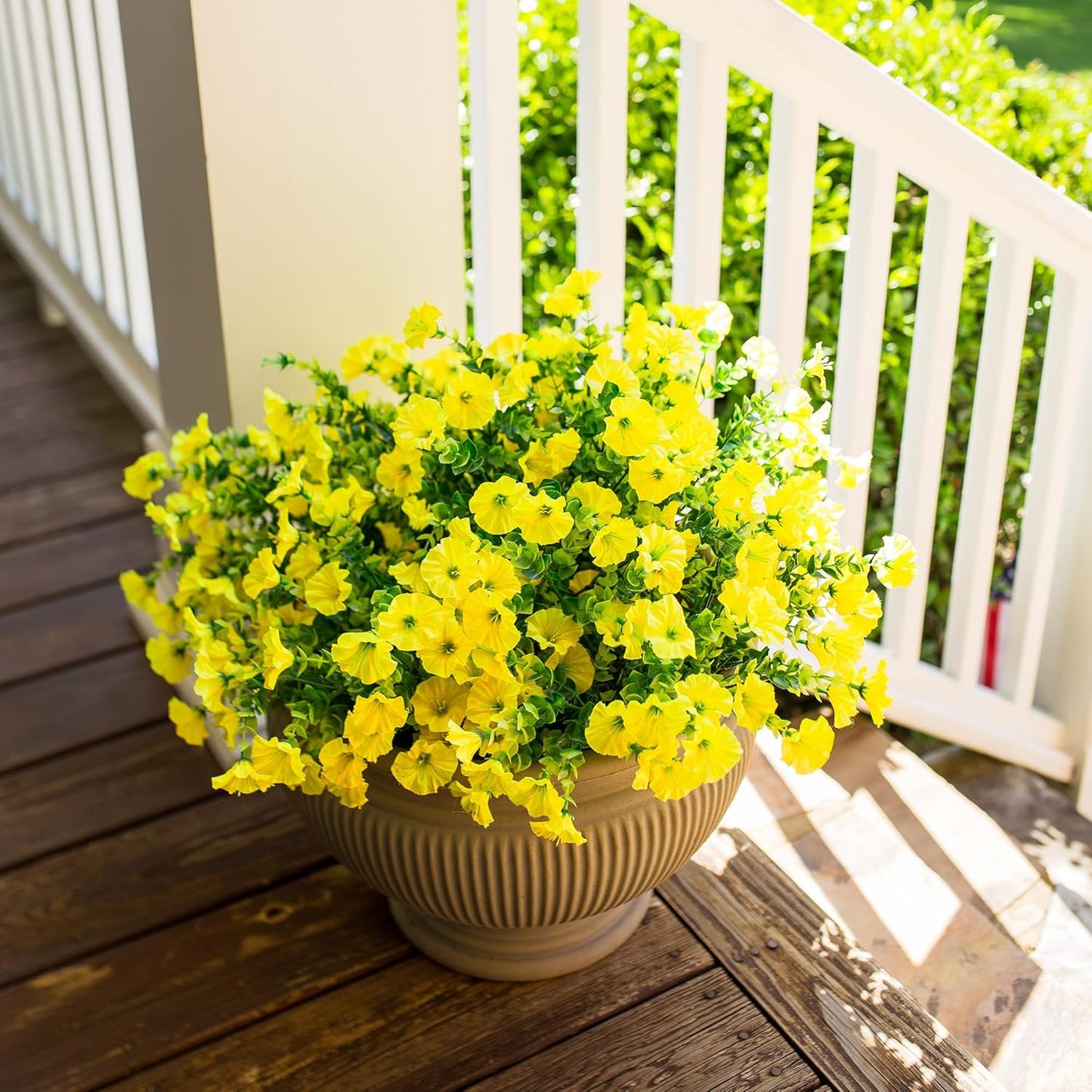 Artificial Mums for Outdoors Fake Fall Flowers Plants for Autumn Decoration, 12 Bundles Silk Morning Glory with Eucalyptus Look Real UV Resistant Yellow Faux Mums for Outside Planters Front Door Yard