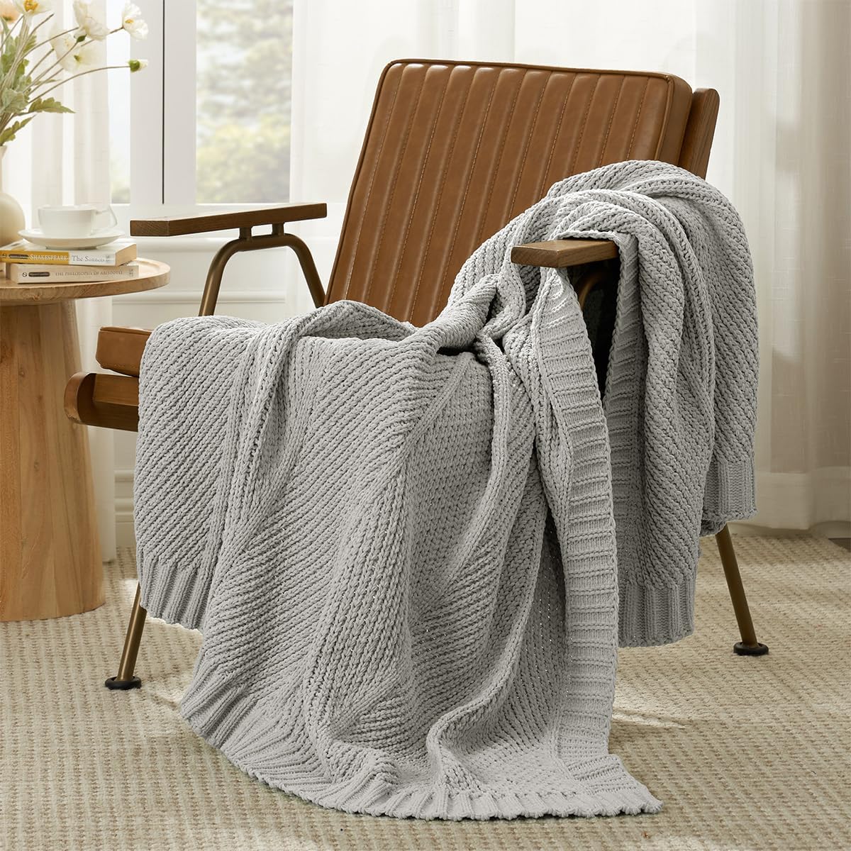 Amélie Home Chenille Knit Throw Blanket for Couch, Chevron Texture Decorative Soft Blanket for Sofa, Bed & Chair, 60"x80", Light Grey