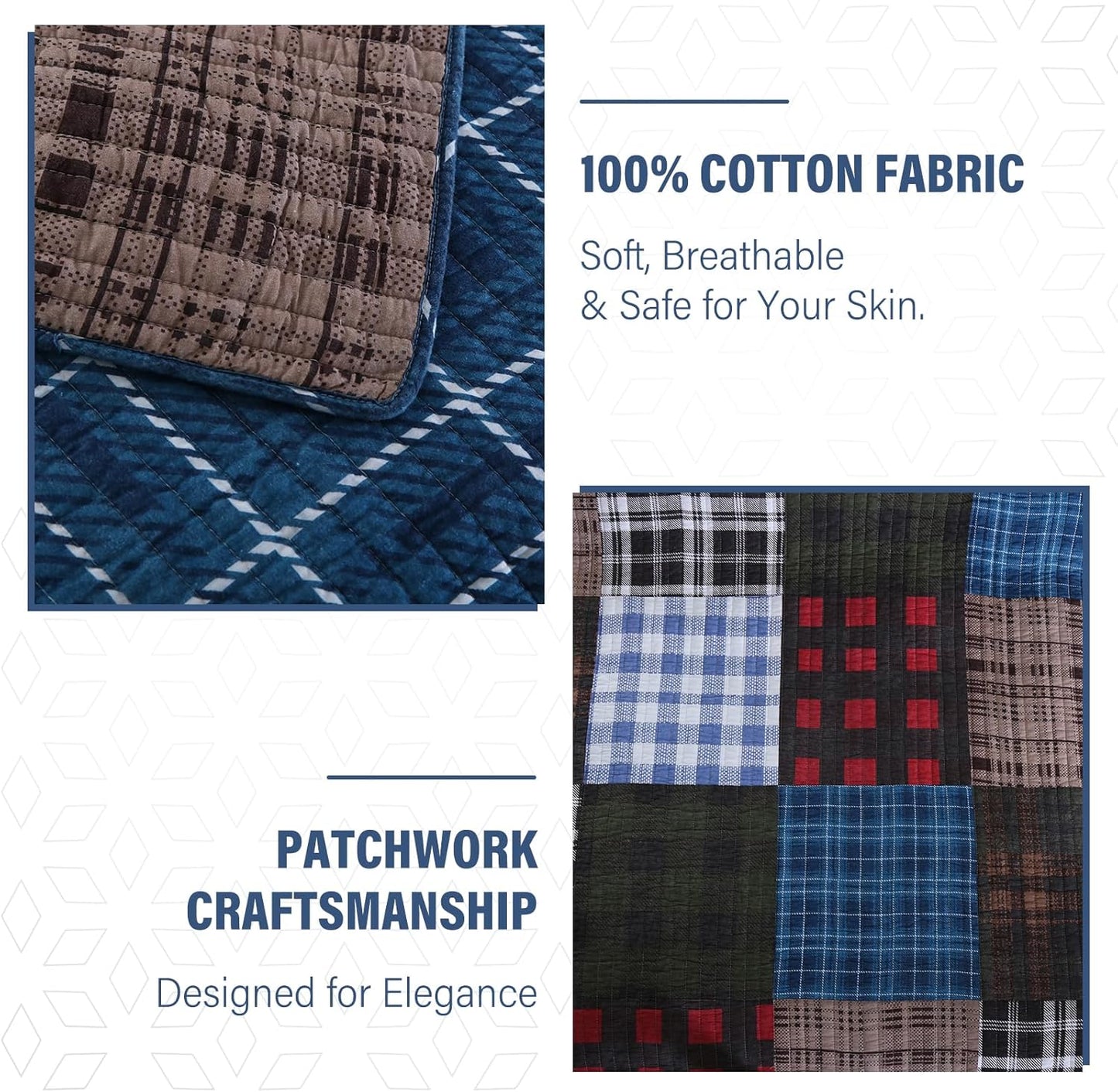 NEWLAKE Quilt Set Queen Size, Cotton Patchwork Blue Black Checkered Patterns Quilt Sets, Reversible Bedspread Lightweight and Breathable for All Seasons, Soft Quilted Bedspread with 2 Pillow Shams