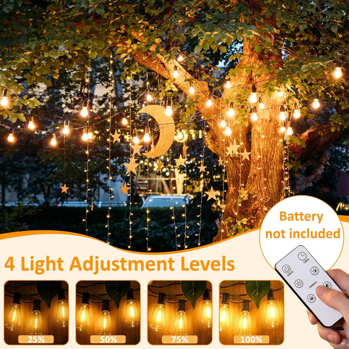 48Ft LED Outdoor String Lights with Dimmer, 15 Edison Bulbs Waterproof Patio String Lights with 4 Brightness Modes Remote Control (Included), Porch Backyard Bistro Decoration