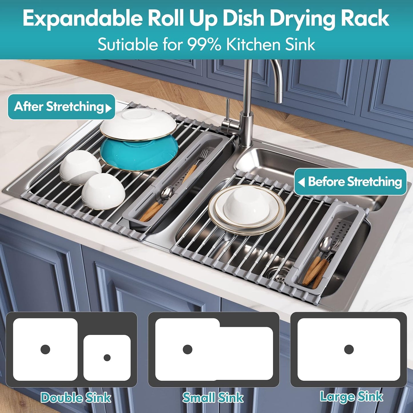 Roll Up Dish Drying Rack, Expandable (12.8"-23.8" D x 12.8" W) Stainless Steel Portable Drainer for Kitchen Sink Counter, Foldable Over The Sink Cover with Removable Utensil Holder