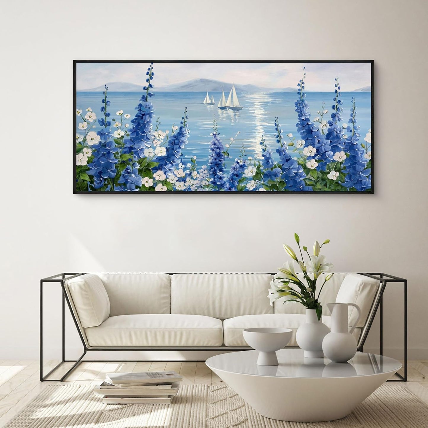XLSJERST Large Sailboat Wall Art - Blue Canvas Abstract Painting Textured Picture Artwork Vintage Nautical Flower Painting Coastal Modern Print 70"x31" Frame for Living Room Bedroom Home Decoration