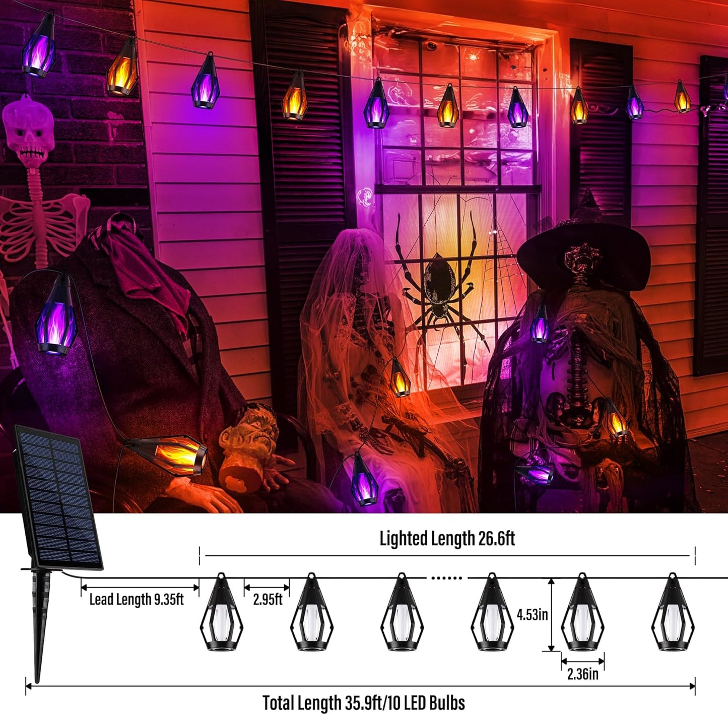 iBaycon Solar Halloween Lights, 27Ft 10 LED Bulbs Flickering Flame String Light, Outdoor Waterproof Solar Flame Lights for Garden Yard Patio Halloween Decorations (Warm White + Purple)