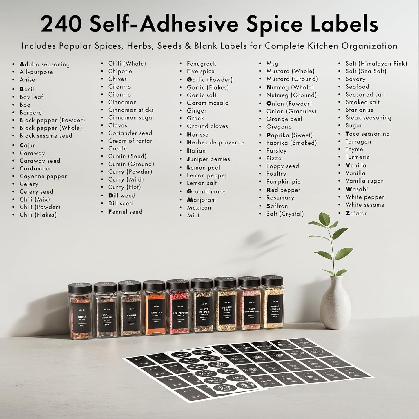 Glass Spice Jars with Label and Stainless Steel Lids (24 x 4oz) Spice Containers with 240 Labels, Shaker Inserts, Steel Funnel, Empty Square Empty Square Seasoning Organizer (Black)