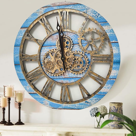 The Gears Clock The Original Real Moving Gear Wall Clock Vintage Industrial Oversized Rustic Farmhouse (24 inch (60cm), Vintage Ocean Blue and Bronze)