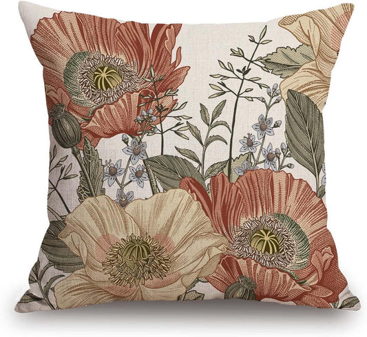 TSSOHU Vintage Flowers Pillow Cover Rustic Cotton Linen Decorative Square Throw Pillow Cover 18x18 Inch for Sofa Couch Decoration