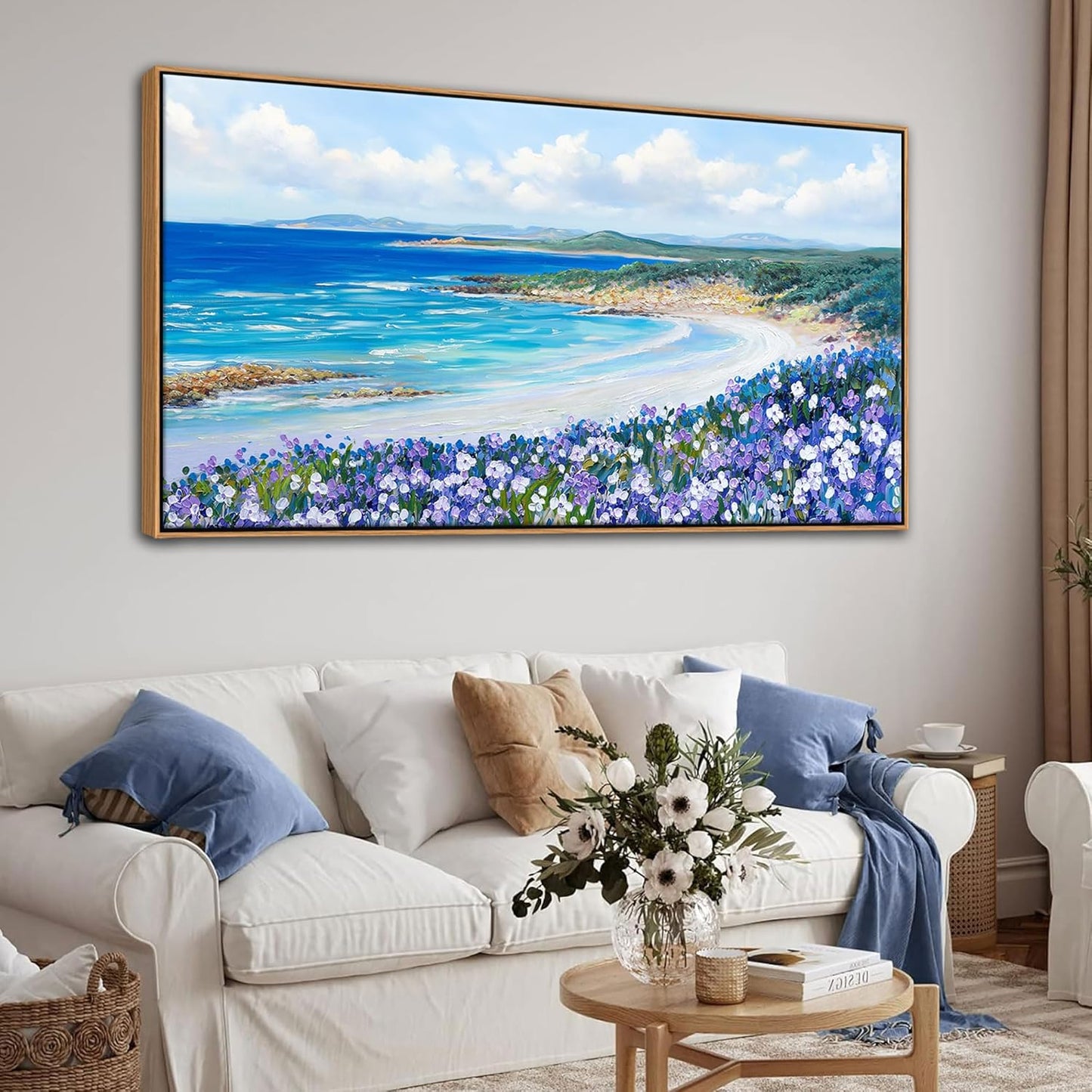 Mofutinpo Coastal Beach Wall Art Large Purple Flower Landscape Canvas Wall Art for Living Room & Bedroom Decor, Framed Blue Beach Pictures & Paintings for Walls,Ocean Artwork for Home & Office 20x40IN