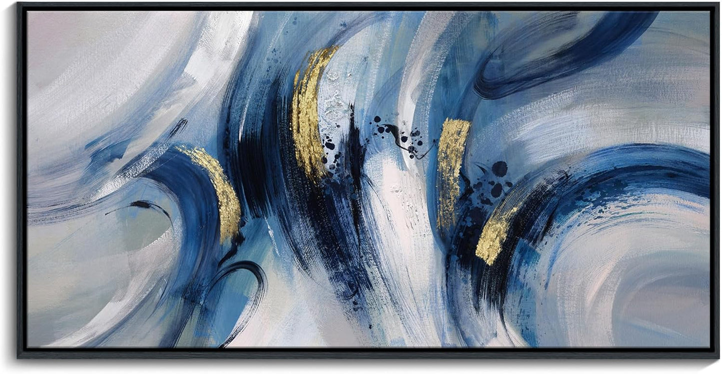 Extra Large Abstract Line Art Framed Canvas - Blue & Grey Modern Wall Decor 30x60 Inches, Minimalist Living Room Art, Oversized Office Painting, Ready to Hang