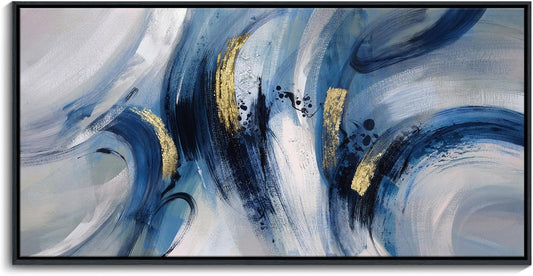 Extra Large Abstract Line Art Framed Canvas - Blue & Grey Modern Wall Decor 30x60 Inches, Minimalist Living Room Art, Oversized Office Painting, Ready to Hang