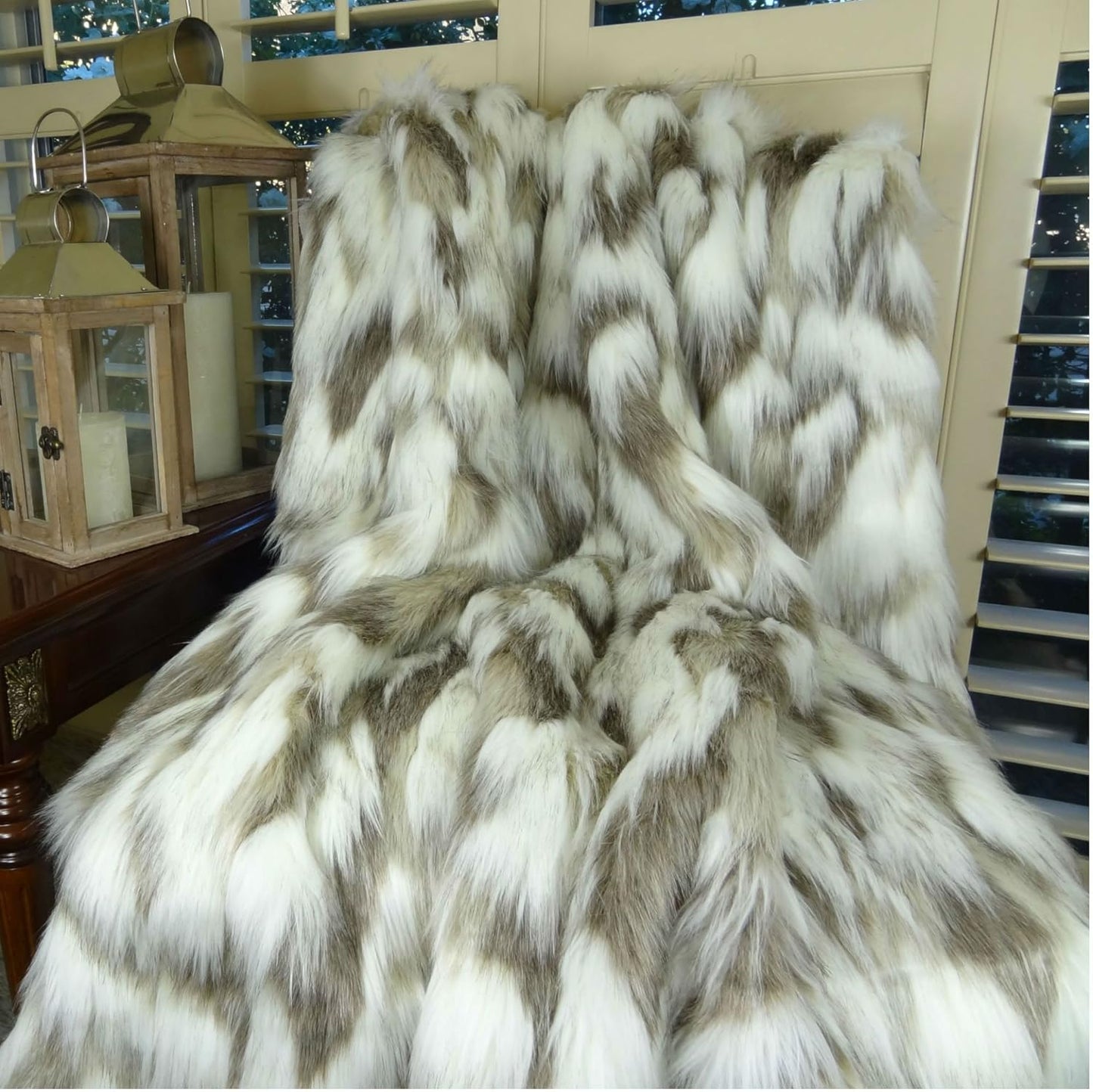 Ivory Beige Luxury Faux Fur Throw Blanket - Tibet Fox Fur - 80W x 110L Bedspread