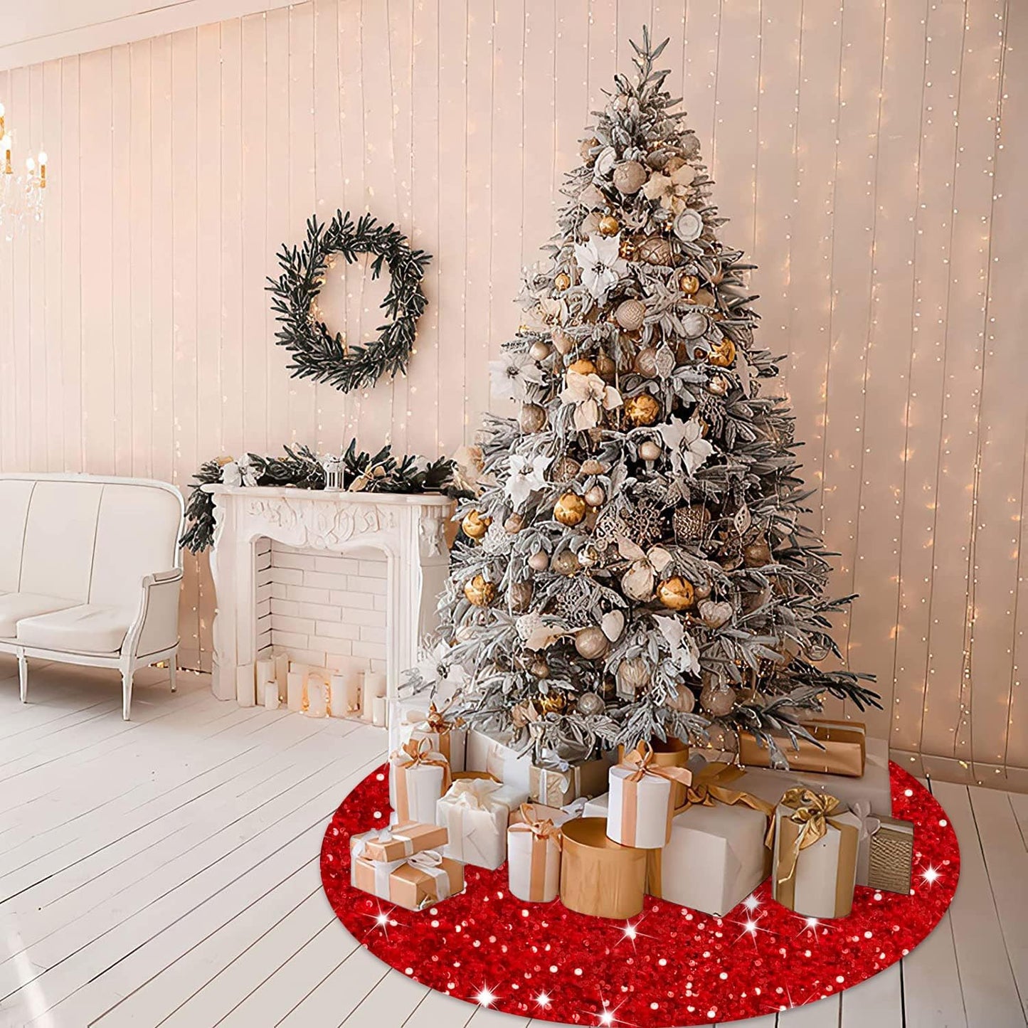 MODFUNS Christmas Tree Skirt Red Sequin Tree Skirt 36 Inch Velvet Christmas Tree Skirt Shimmer Glitter Tree Skirt Sparkle Xmas Tree Collar Bling Christmas Tree Mat for Christmas Tree Ornament