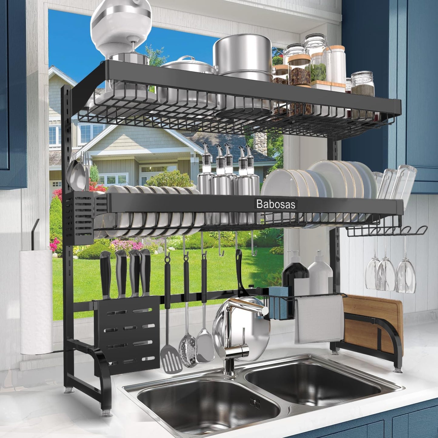 Over The Sink Dish Drying Rack,3 Tier Adjustable Length (25.5'' to 37.4'') Full Stainless Steel Large Storage Kitchen Dish Rack,for Kitchen Counter Expandable Multifunctional Organizers,Black