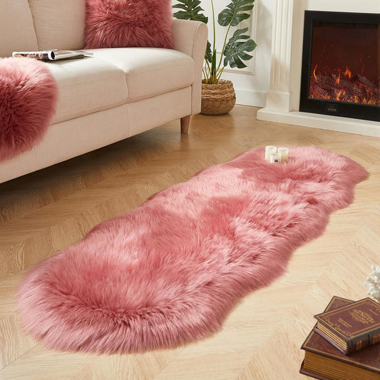 AMTOVO Faux Sheepskin Rug, Blush Pink Ultra Soft Fluffy Shag Area Rug, 2 x 6 ft Faux Fur Rug for Bedroom Sofa Throw Cushion Room Decor, Sheepskin