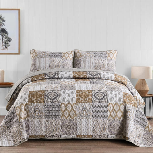 WONGS BEDDING Brown Quilt Set Queen Size, Patchwork Plaid Bedspread Bedding Sets Paisley Soft Microfiber Quilts for Queen Bed 3 Pieces Coverlet Set for All Season (96"x90")