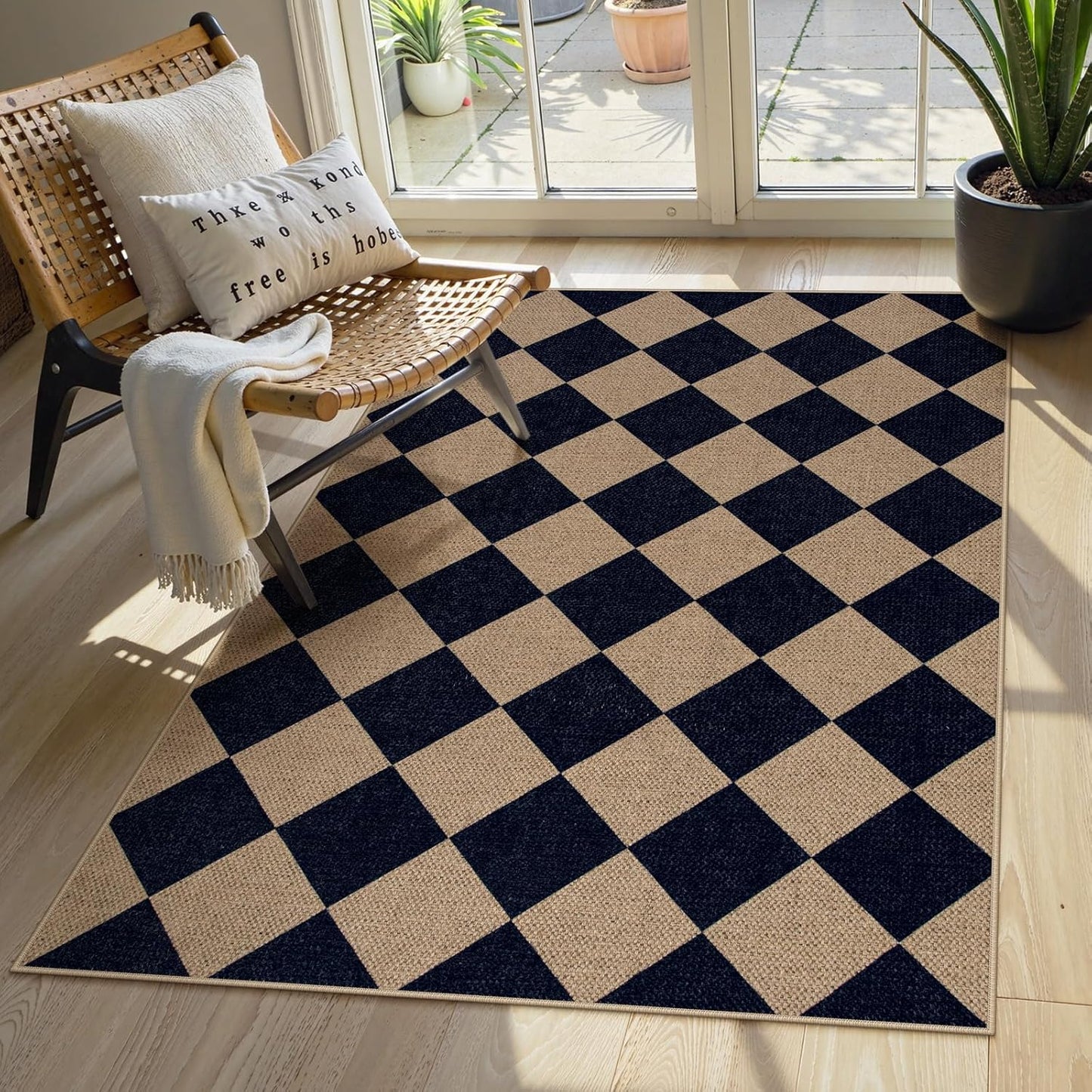 Lahome Checkered Easy Jute Entry Rug, 3x5 Black Outdoor Patio Rug for Living Room Farmhouse Neutral Carpet, Washable Non Slip Indoor Door Mat Diamond Carpet for Front Door Deck Camping