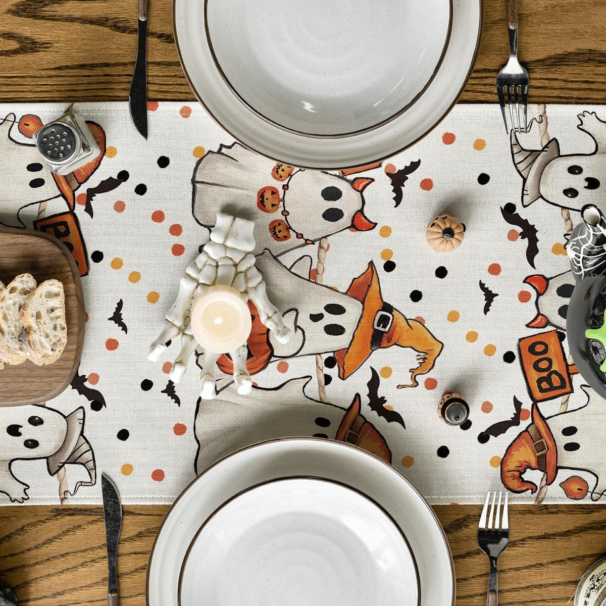 Artoid Mode Beige Ghost Jack-O'-Lantern Black Cat Halloween Table Runner,Holiday Kitchen Dining Table Decoration for Home Party Decor 13 x 120 Inch