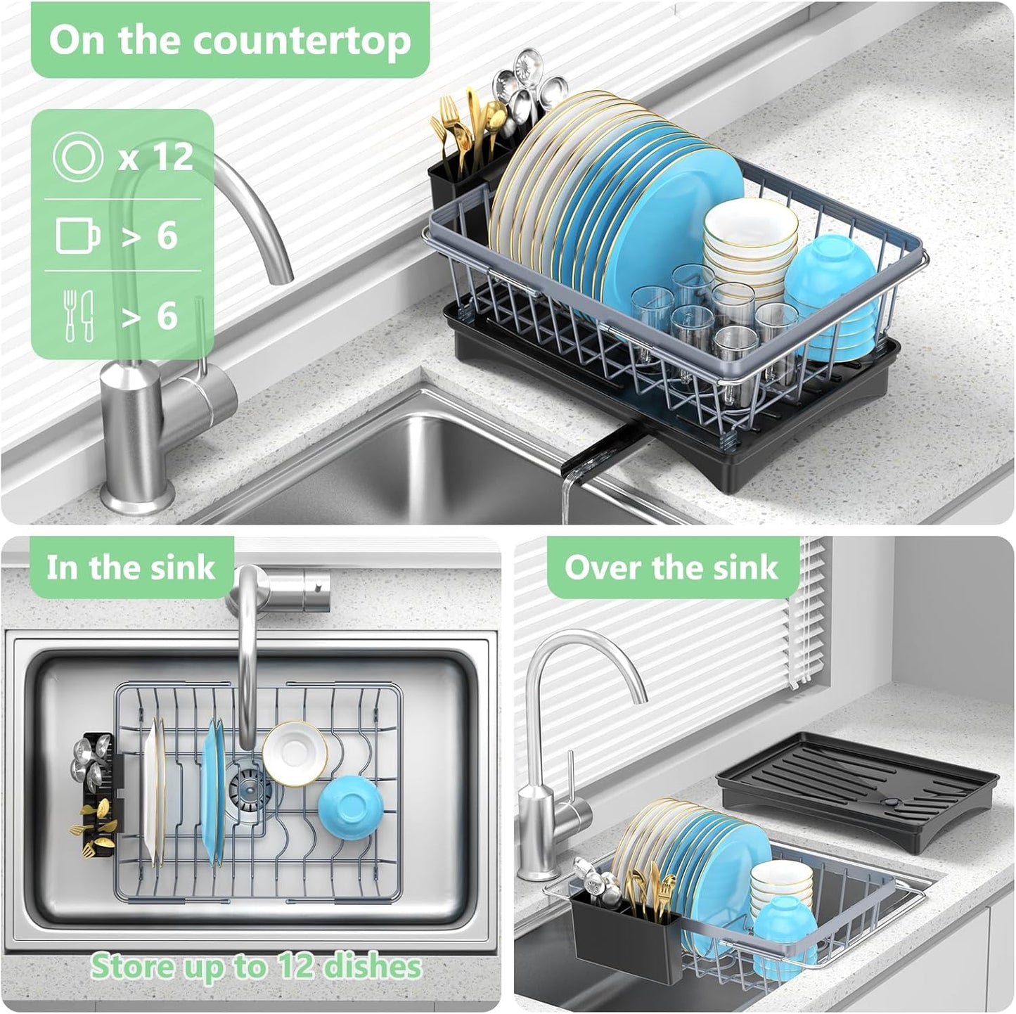 LEMIKKLE Expandable Dish Drying Rack- Space-Saving Dish Rack, Dish Drainers for Kitchen Counter with a Cutlery Holder, Over The Sink Dish Racks Fit for 14’’-19’’ Kitchen Sink Grey