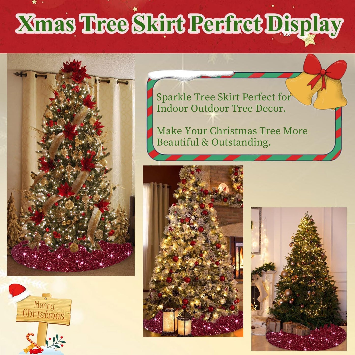 Sequin Tree Skirt 36 Inch Burgundy Christmas Tree Skirt Velvet Fabric Christmas Tree Floor Mat Glitter Tree Skirt Christmas Tree Carpet Wine Red Tree Skirt for Indoor Home Party Decor